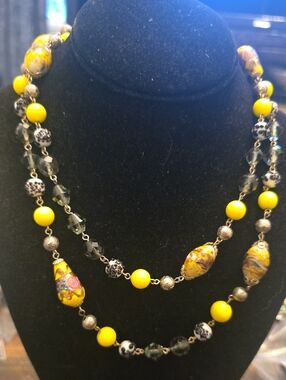 Murano Yellow and Black Patterned Multi-Bead Necklace